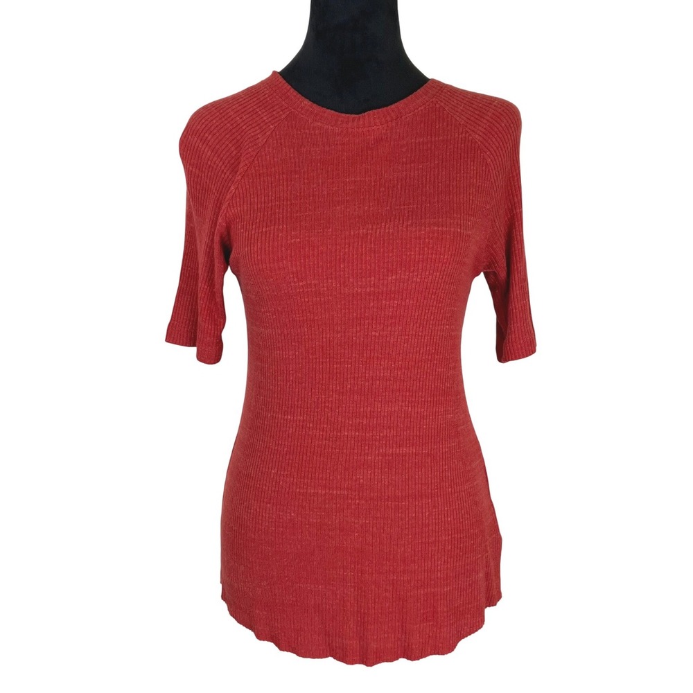 Adriano Goldschmied Short Sleeve Ribbed Knit Tee Rust Women's Small Boho Casual